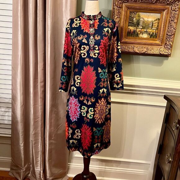 EUC Gretchen Scott Colorful Mandarin Collar Stretch Midi Length Dress Size LARGE - Picture 2 of 3